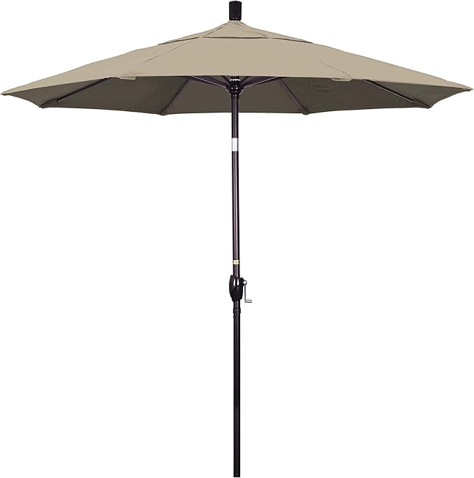 California Umbrella 7.5' Round Aluminum Market Umbrella, Crank Lift, Push Button Tilt, Bronze Pole, Sunbrella Taupe