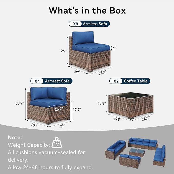 LazySunsets 14 Piece Outdoor Patio Furniture Set with Coffee Table, Outdoor Patio Furniture Sets with 4'' Thicken Cushion, Wicker Outdoor Conversation Set for Backyard & Garden, Blue