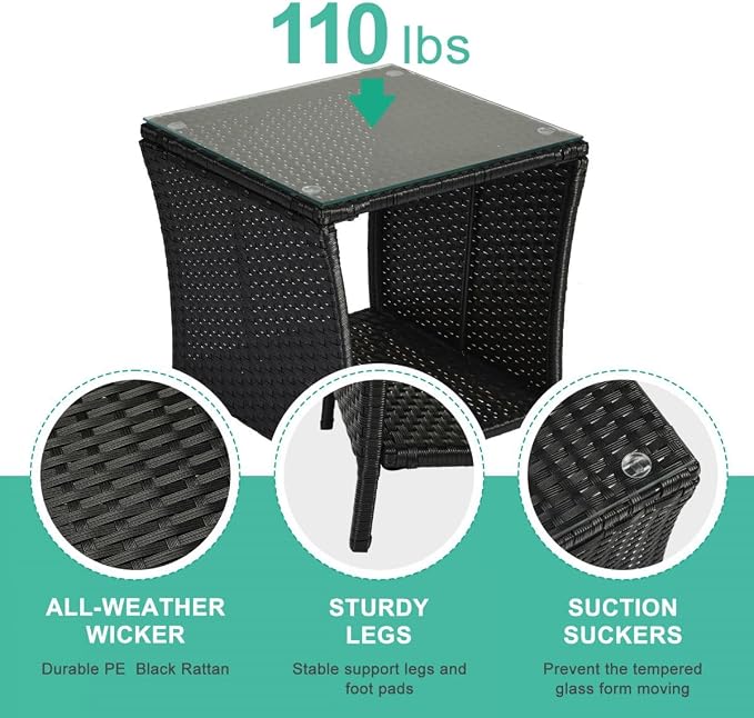 Outdoor Patio Wicker End Table Square Side Bistro Coffee Table with Glass Top Storage Shelf for Garden Lawn Backyard Black