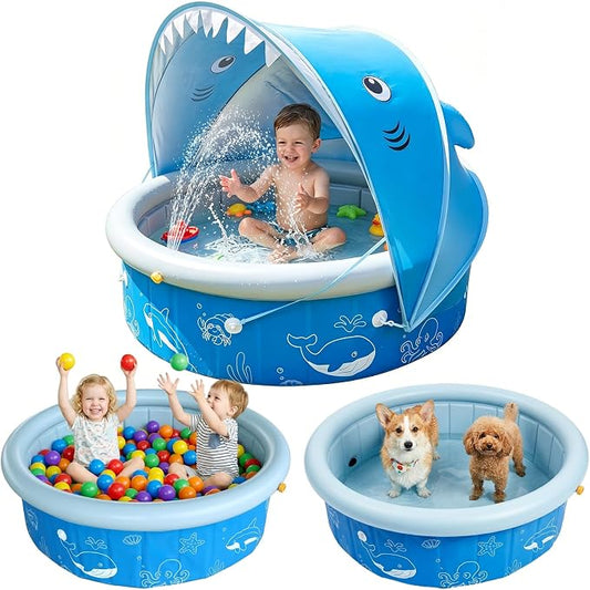 Upgraded Kiddie Baby Pool with Canopy & Sprinkler, 47in Foldable Toddler Pool with Shade, Kids Hard Plastic Swimming Wading Pool, Portable Water Play for Backyard Beach Outdoor