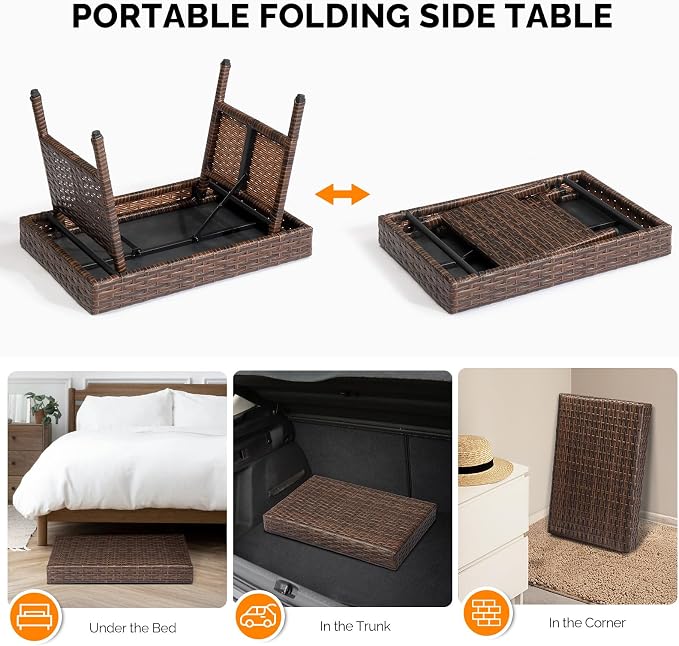 VINGLI Outdoor Folding Rattan Side Table, Portable Wicker End Table for Patio, Garden, Poolside, and Indoor Use, Mix Mocha