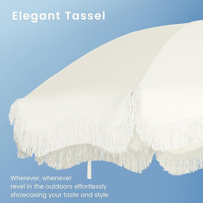 PHI VILLA 7ft Fringe Beach Umbrella White with Sand Anchor, Outdoor Patio White Portable Beach Umbrella for Sand with Tassels, Push Button Tilt & Carrying Bag, UPF 50+