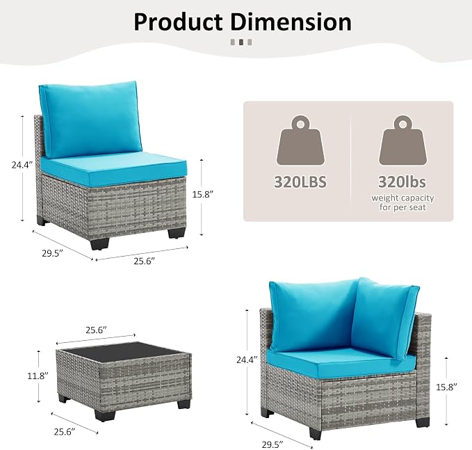ANJ Outdoor Wicker Patio Chairs Set of 2, Modular Armless Patio Seating with Thick Cushions, All-Weather Rattan Conversation Chair Set for Porch, Balcony, Garden, Backyard, Light Grey Wicker-Turquoise