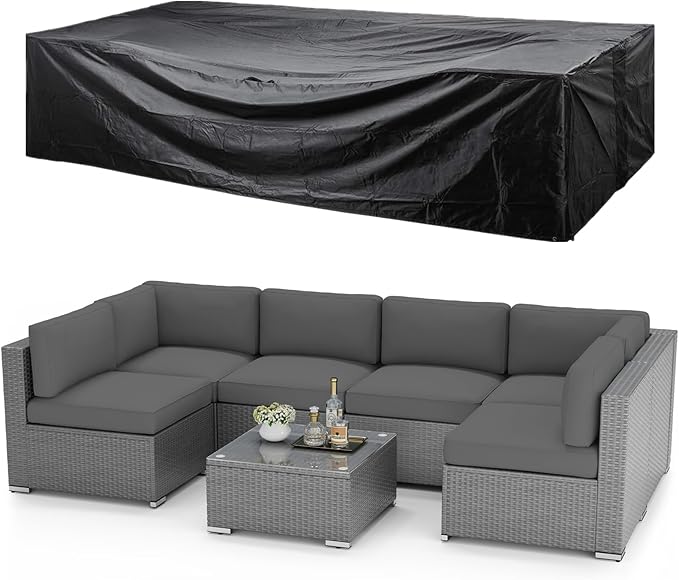SUNCROWN Outdoor Patio Furniture Set 7 Piece Outdoor Sectional Sofa Grey Wicker Conversation Sofa Set with Coffee Table, Cushions and A Waterproof Cover -Grey