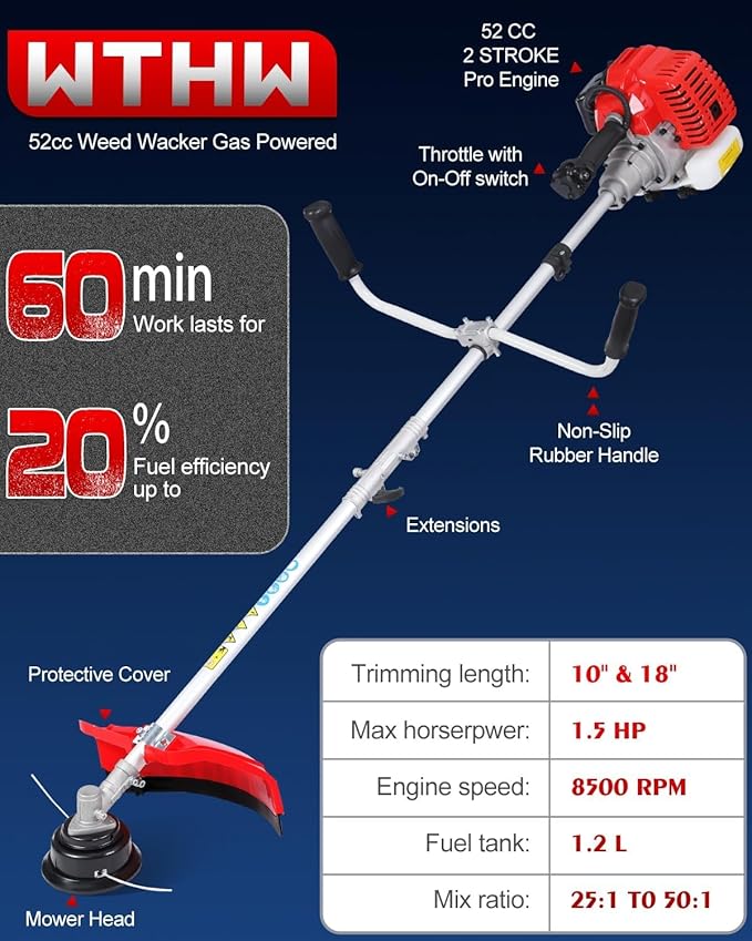 52cc Gas Weed Eater & Brush Cutter, 3-in-1 Heavy Duty String Trimmer for Overgrown Brush, Low-Vibration Weed Wacker with Detachable Shaft & Full-Crank Engine (Orange Silver)