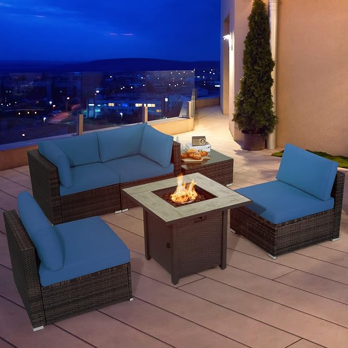 Tangkula 6 Piece Outdoor Rattan Sofa Set with 30in Propane Gas Fire Table, Ceramic Fire Tabletop, 50,000 BTU Heat Output, Cushions & Fire Pit Dust Cover, Patiojoy Weatherproof Wicker Set (Navy Blue)