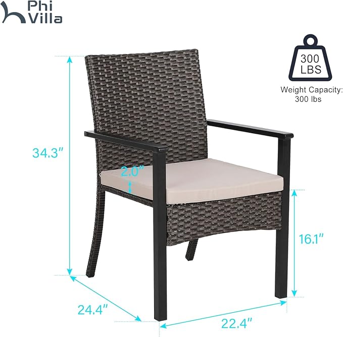 PHI VILLA Wicker Patio Dining Chairs Set of 2 with Removable Cushions | 2 Rattan dining chairs with thick removable seat cushions. Sturdy steel frame, easy assembly.