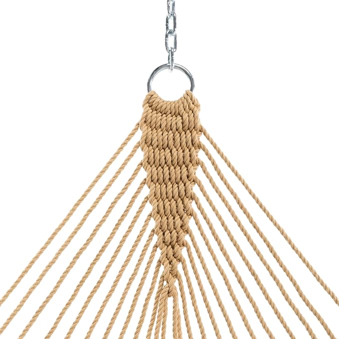 Original Pawleys Island Large Tan DuraCord Rope Hammock – 13 ft. x 55 in., 2-Person, 450 lb Capacity, Oak Spreader Bar, Zinc-Plated Hardware, Handcrafted in the USA