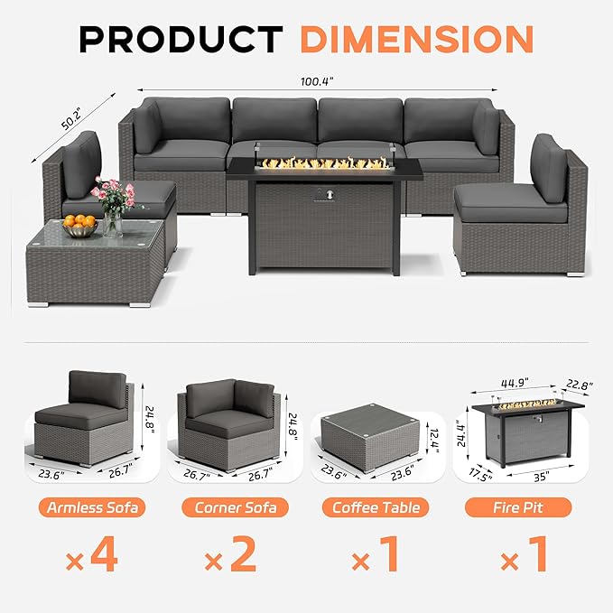 Oakcloud 8-Piece Outdoor Patio Furniture Sofa Set with 45” Propane Gas Fire Pit Table, Grey Rattan Wicker Sectional Conversation Sets with Glass Top Tables and Cushions(Grey, w/Fire Pit Table)