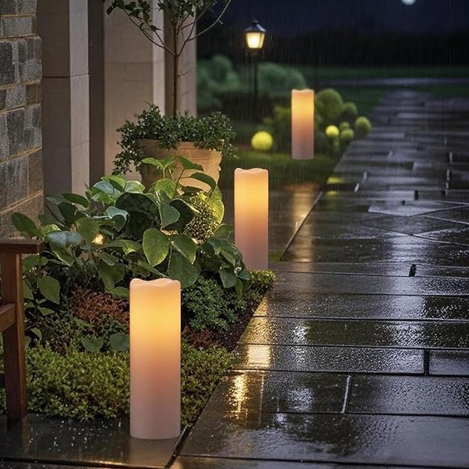 Eldnacele Large Outdoor Solar Flameless Candles Waterproof, 4" x 14", Solar Powered Dusk to Dawn Plastic LED Flickering Pillar Candles for Garden Patio Lanterns Wedding Holiday Decor(2 Pack White)