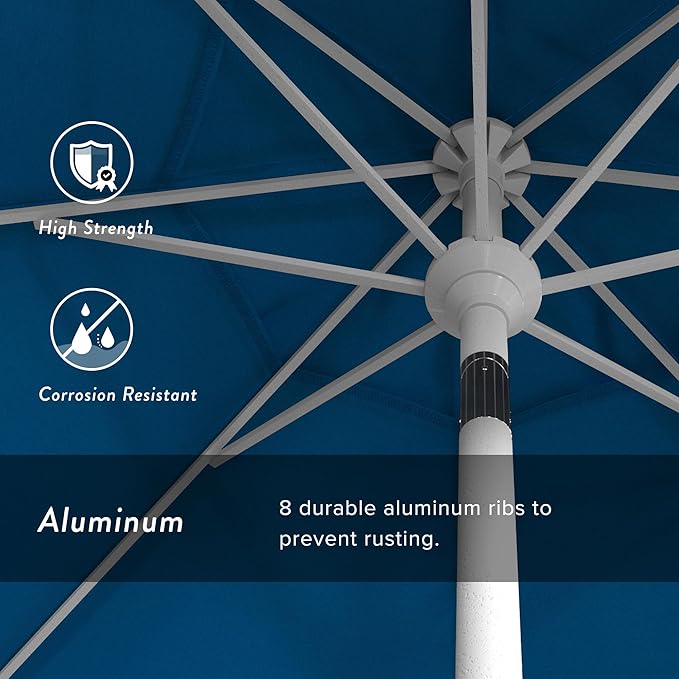 California Umbrella 9' Round Aluminum Market Umbrella, Crank Lift, Collar Tilt, White Pole, Pacifica Pacific Blue