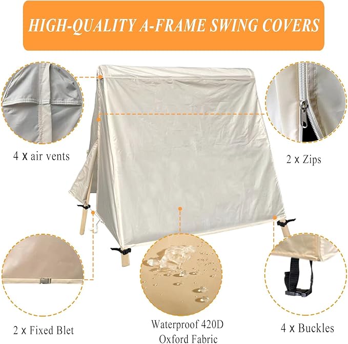 Patio Swing Cover A-Frame Swing Covers Waterproof 3 Seat UV Resistant Weather Protector for Outdoor Courtyard Patio Furniture 72x67x55 Inch Beige