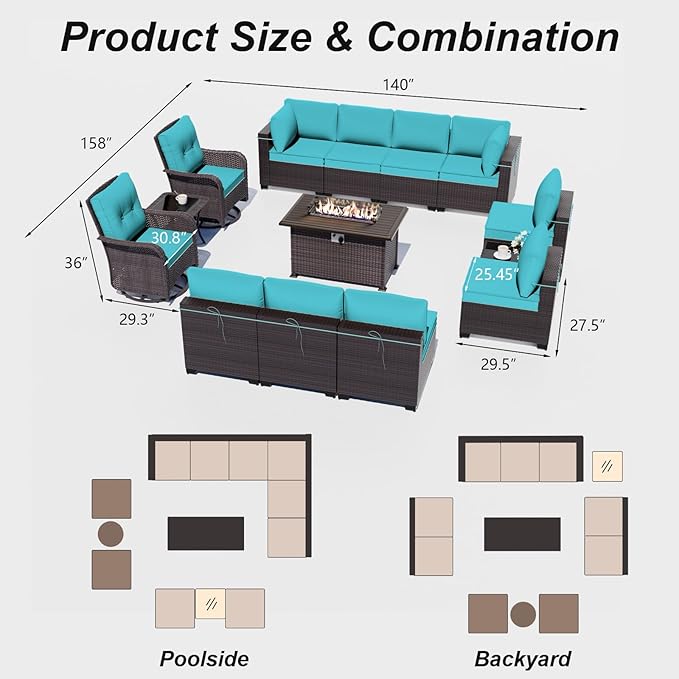 ALAULM 13 Pieces Patio Furniture Set with 2 Swivel Chairs Patio Furniture Outdoor Sectional Sofas with 55000 Gas Fire Pit Patio Conversation Set w/10 Cushions-Blue