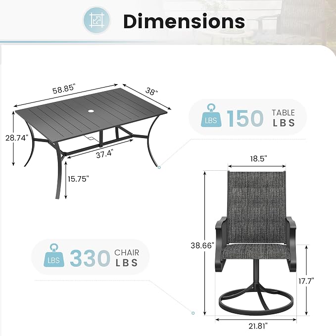7 Pieces Patio Dining Set, Padded Patio Outdoor Furniture Set of 6 Patio Swivel Dining Chairs and Patio Spliced Rectangular Tabletop with Umbrella Hole, for Deck, Backyard, Poolside & Garden