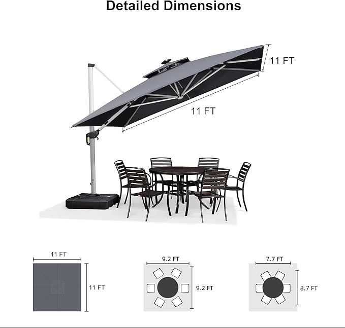 PURPLE LEAF 11 Feet Solar Powered LED Square Cantilever Umbrella With Base Patio Umbrella Windproof Outdoor Offset, Grey