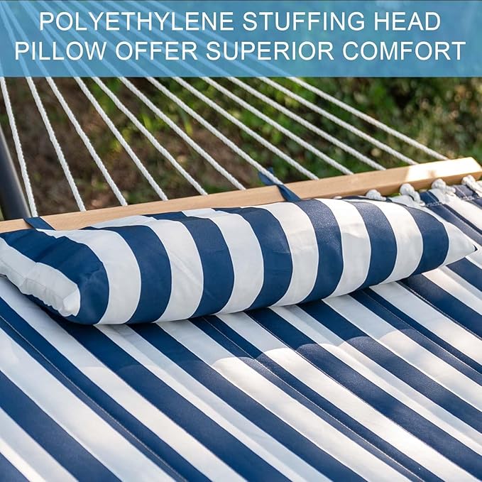 Lazy Daze Hammocks 12FT Quilted Fabric Double Hammock with Spreader Bars and Detachable Pillow, 2 Person, 450lbs Capacity, Blue White