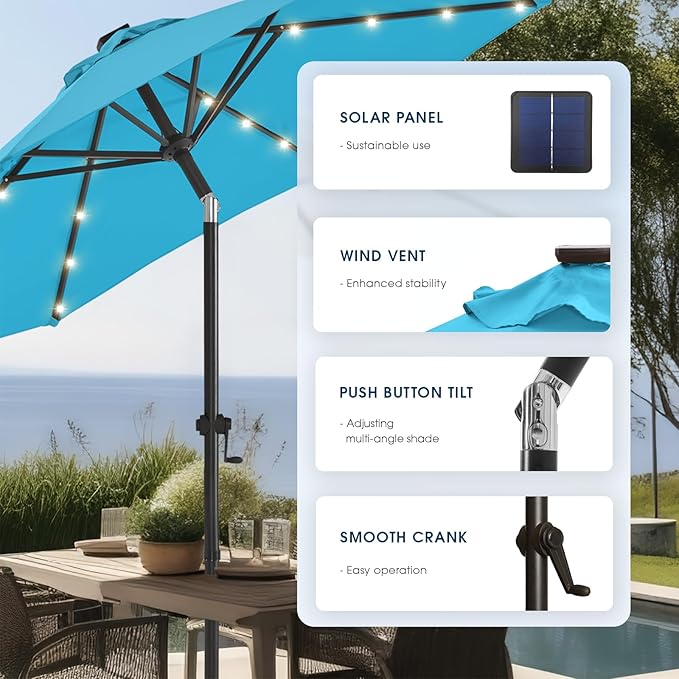 wikiwiki 9FT Solar Led Patio Umbrella with Base Included, 32 LED Lights, 8 Sturdy Ribs, Fade Resistant Waterproof POLYESTER DTY Canopy for Garden, Lawn, Deck, Backyard & Pool, Sky Blue