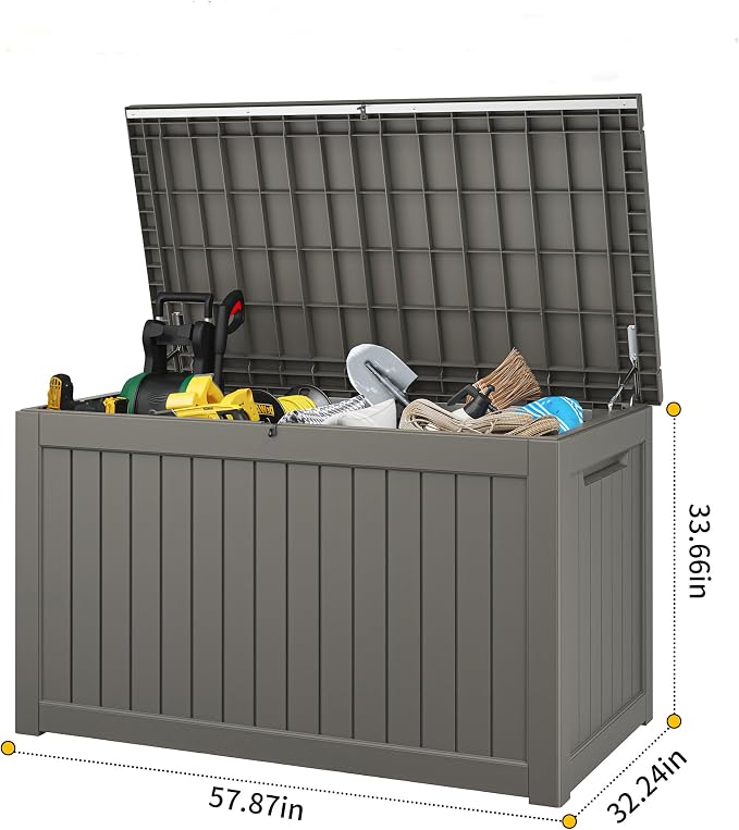 Fancyango 270 Gallon Outdoor Deck Box Waterproof, Large Storage Box for Patio, Resin Storage Bench Lockable for Garden Tools, Package Delivery, Grey