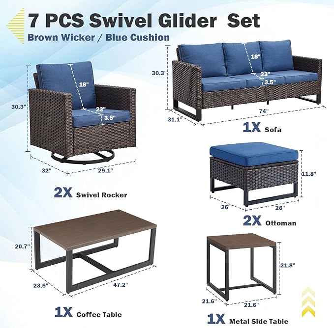 Belord 7 Piece Outdoor Furniture Patio Wicker Sofa Set, Oversize Outdoor Swivel Rocker Chairs with Rattan Ottomans, Conversation Sets Patio Furniture Come with Removable Washable Cushion Blue, Brown