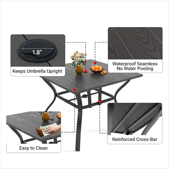 5 Piece Patio Dining Set, Stackable Outdoor Chairs Set of 4 with Textilene Fabric, 37.8" Wood-Grain Square Table with Umbrella Hole for Backyard Lawn Party (1 Table + 4 Chairs) (Brown)
