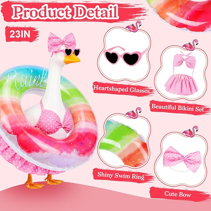 23 in Porch Goose Summer Outfit Bikini, Hawaiian Porch Goose Swimsuit Clothes Costume Accessories with Bow Glasses Swim Ring for 23" Summer Goose Garden Patio Statue Decor (Pink)