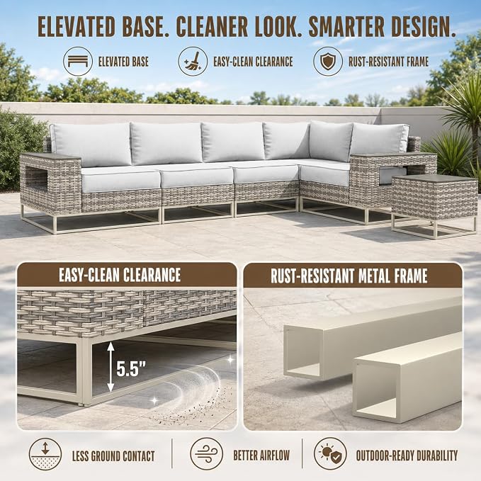 12-Piece Outdoor Patio Furniture Set, Gray PE Wicker Outdoor Sectional Sofa with Storage Armrests & 5.5" Thick Cushions, L-Shaped Couch for Deck, Porch, Backyard, Ivory White