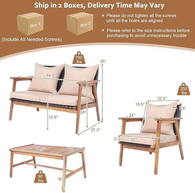 Tangkula 8-Piece Patio Furniture Set, Outdoor Acacia Wood Conversation Set with Cushions and Coffee Table, Outdoor PE Wicker Sectional Sofa Set for Garden, Poolside and Backyard (2, Beige)