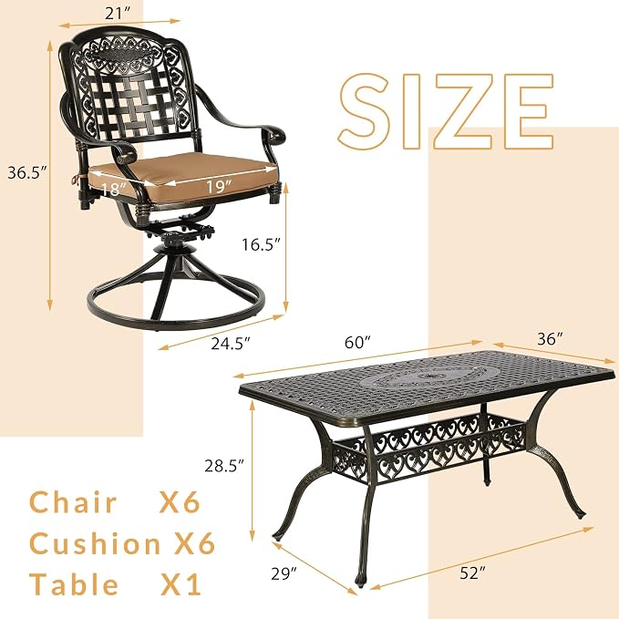 7-Piece Outdoor Patio Dining Set, 60” Rectangular Cast Aluminum Dining Table with Umbrella Hole and 6 Cushioned Swivel Rocker Chairs, Patio Funiture Set for Backyard, Patio, Garden
