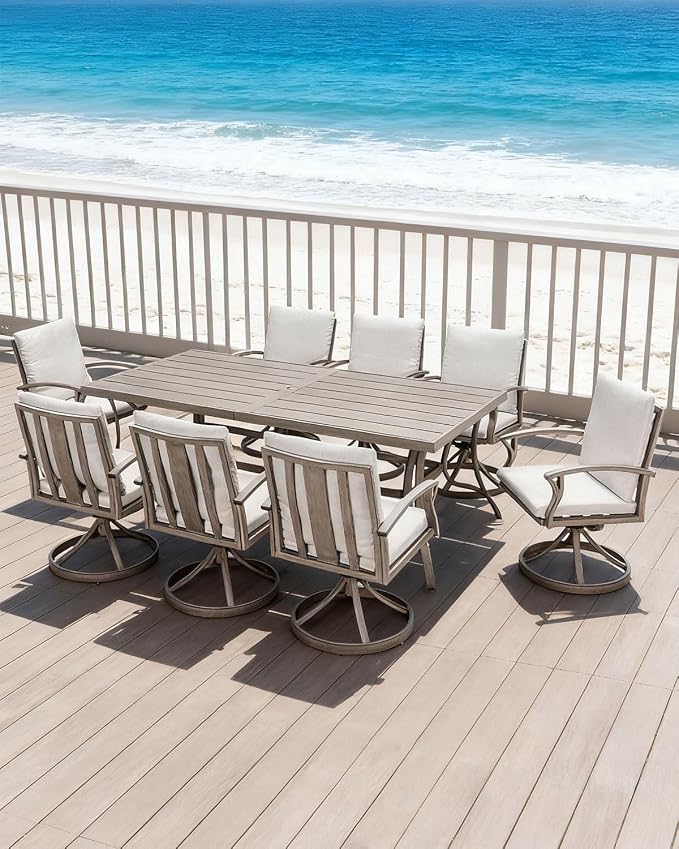 9-Piece Patio Dining Set for 8, Never Rusts Aluminum Outdoor Swivel Dining Set with Cushions, Outdoor Dining Set, Patio Table and Chairs Furniture Sets for Deck, Garden Yard, Limed Oak