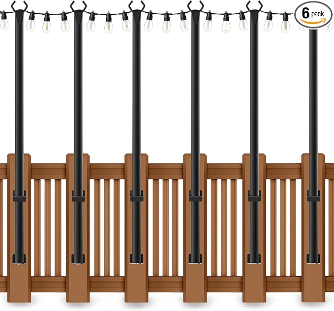 AHRLHR 5 Ft String Light Poles 6 Pack, String Light Poles for Outside with Fixing Clips,Hanging Light Poles for Deck Fence Garden Backyard Wall Bistro,Metal Poles for Outdoor String Lights