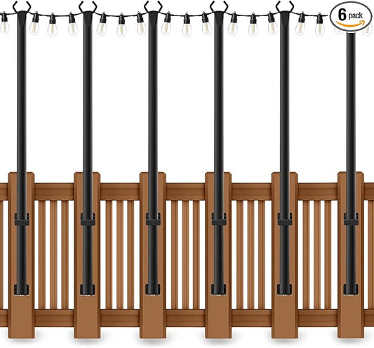 AHRLHR 5 Ft String Light Poles 6 Pack, String Light Poles for Outside with Fixing Clips,Hanging Light Poles for Deck Fence Garden Backyard Wall Bistro,Metal Poles for Outdoor String Lights
