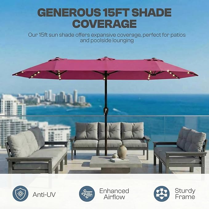 15FT Patio Umbrella with Solar Lights, Double-Sided Extra Large Outdoor Table Umbrella with Base Included, Heavy-Duty 12 Iron Ribs Market Umbrella for Garden, Pool, Backyard, Rose Pink