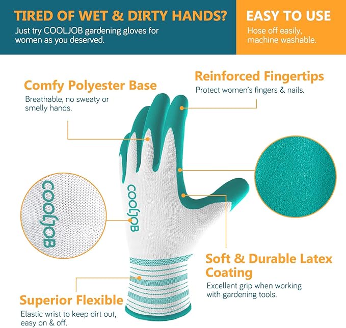 COOLJOB 10 Pairs Gardening Gloves for Women, Breathable Rubber Coated, M | Red & Blue, Textured Latex Palm, Breathable Polyester Liner, Flexible Fit, Machine Washable, Women's Garden Gloves