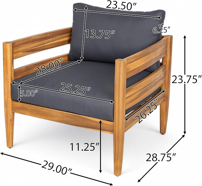 Christopher Knight Home 5-Piece Outdoor Patio Furniture Set, Acacia Wood Conversation Set with 3 Seater Sofa Loveseat Coffee Table and 2 Single Cushions Chairs, Slatted Backyard Seating Set, Dark Gray