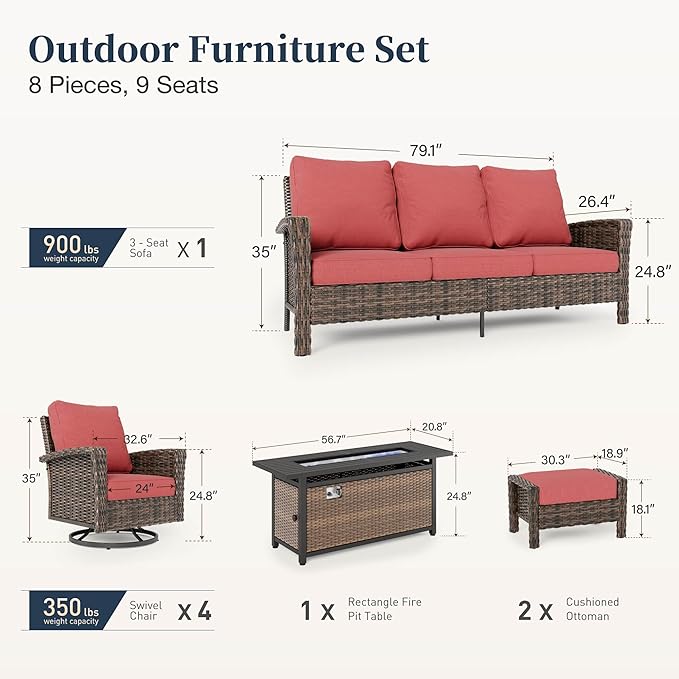 Patio Furniture Set with Swivel Chairs, High Back Wicker Rattan Furniture with 5.5" Thick Cushions, Fire Pit Table and Ottomans, All Weather Outdoor Conversation Set for Backyard Deck,9 Seats, Red
