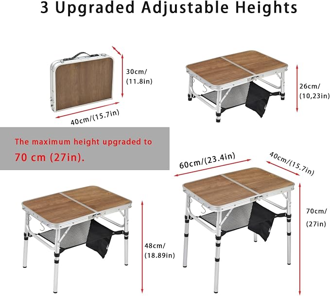 Small Folding Camping Table, 2ft Portable Picnic Table Aluminum 24" x 16" Folding Table, 3 Adjustable Heights Portable Lightweight Table Dining Table for RV, Picnic, Beach (Wood Pattern)