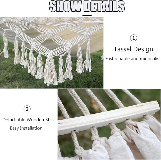 Handmade Cotton Woven Hammock, Balcony Hanging Rope Swing with Tassels, Portable Camping Double Boho Canvas Hammocks for Indoor Outdoor Patio Yard Garden(200x150cm/78.7x59in, Black)