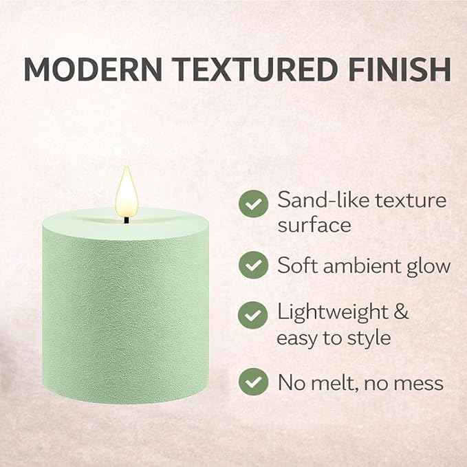 smtyle Battery Operated 3x3 inch Sage Green LED Pillar Textured Sand Finish Fake Minimalist Modern Flickering Realistic Flameless Candles for Table, Bathroom, Fireplace Mantel