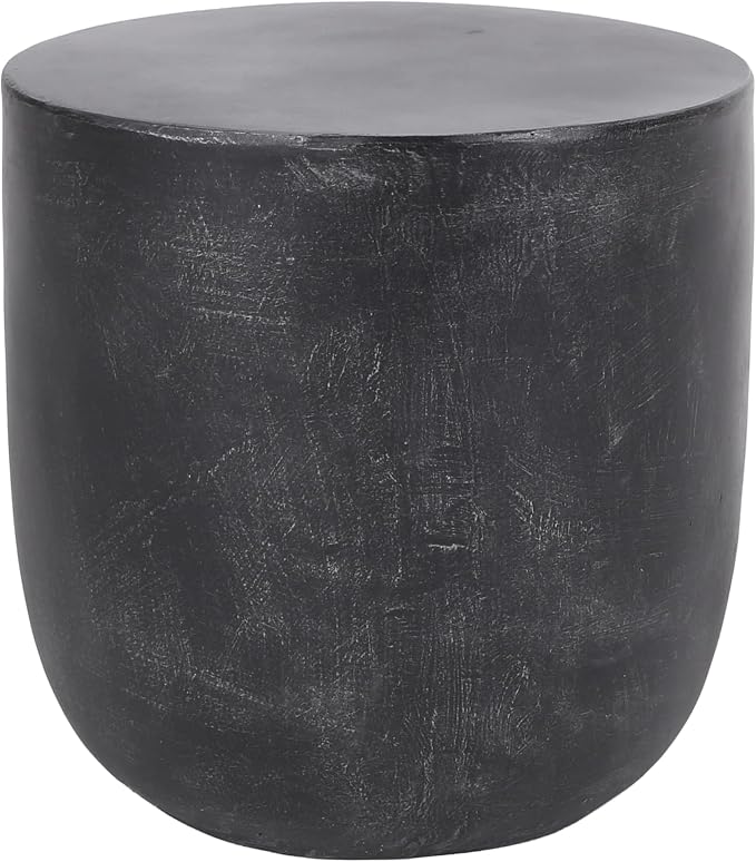 Outdoor Side Table Patio Concrete Side Table Round Drum End Table Faux Stone Side Tables Travertine Small Coffee Tables, Garden Stool Plant Stand for Backyard, 15.5" *15.75" Cylindrical, Black