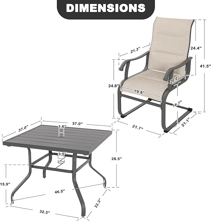 NUU GARDEN 5-Piece Outdoor Patio Dining Set - 4 Textilene Dining Chairs & 37" Table with Umbrella Hole, Weather-Resistant Furniture for Yard Porch Poolside Garden, Beige