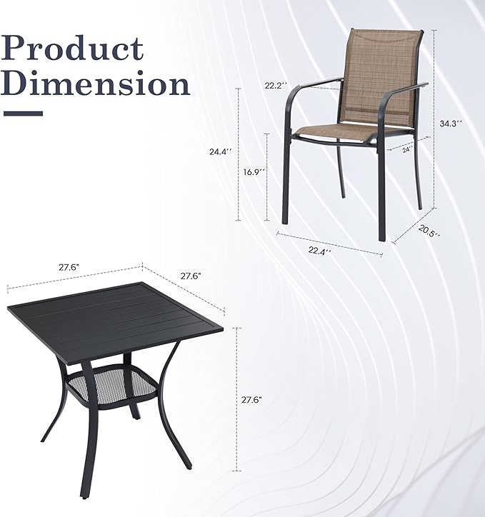 3 Pieces Outdoor Dining Set, Stackable Textilene Paito Chairs & 27.5" Square Dining Table with Shelf, Patio Dining Set for Backyard, Deck, Garden, Brown & Black