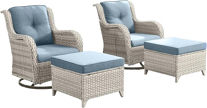 Outdoor Swivel Chairs-Patio Swivel Glider Chairs with Ottomans Outdoor Conversation Set for Deck Balcony Poolside Backyard-Light Grey/Light Blue
