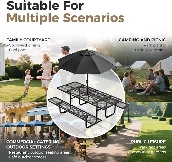 72" Coated Round Metal Picnic Table for 4-6 Person, Durable Heavy Duty Commercial Picnic Table with Umbrella Hole for Outdoor Coffee Shop, School, Easy to Install, Black