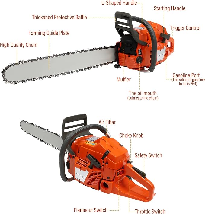 24Inch Gas Chainsaw, 65CC 2 Stroke Gas Powered Chainsaws Handheld Cordless Petrol Gasoline Chain Saw, w/Carburetor, Air Purification System for Wood Pruning, Tree Stump Trimming