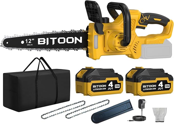 BITOON 12-Inch Chainsaw with 2PCS 4.0Ah Battery and Charger, Auto-Oiler, Brushless Cordless 12" Compact Chain Saw, Portable Electric Chainsaws for Cutting Wood, Branches Yellow