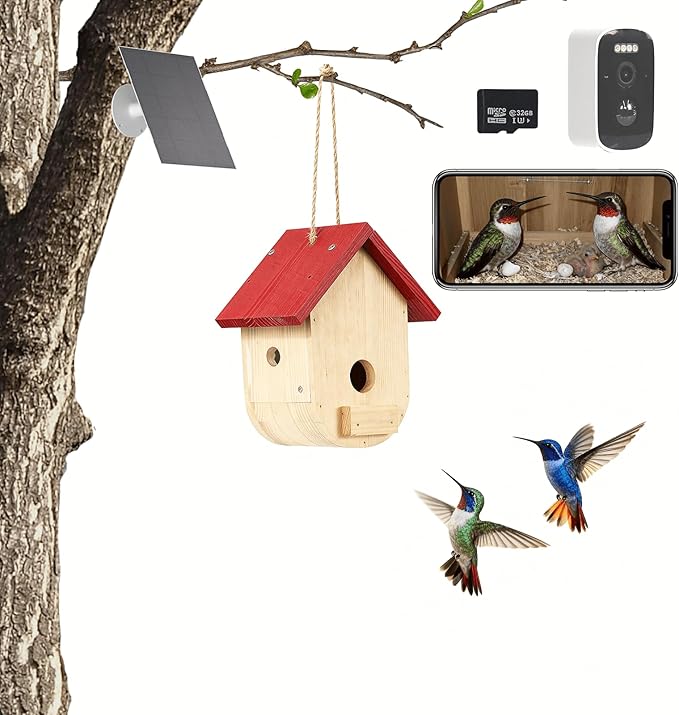 Hummingbird House with Camera Solar Powered, HD Full Color Night Vision Bird Camera, 2.4G WiFi & App Notify, Watch Bird Nesting & Hatching in Real Time, Ideal Gift for Bird Lovers