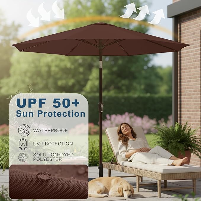 9' Solar LED Patio Umbrella with Tilt & Crank|8 Sturdy Ribs,UV Protection,Outdoor Market Table Umbrella for Deck,Lawn,Pool,Backyard(Brown)