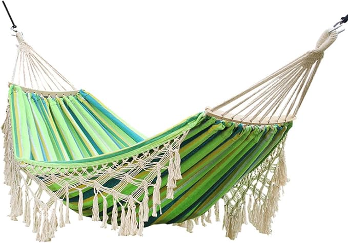 Cotton Fabric Hammock with Wood Spreader Bar and Fringed Deluxe Boho Style Swing Chair Indoor Bedroom Porch Yard Camping Hiking Travel Decor 200X150cm,Green