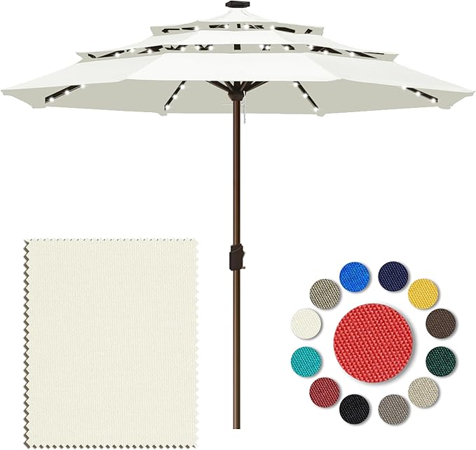 Eurmax USA 10-Year-Non-Fading 10FT 3-Tier Outdoor Patio Market Umbrella with LED Lights,UPF50+ UV Resistant,Commercial Grade,Crank Lift Design,Windproof Vented Top for Garden,Pool,Deck,Natural