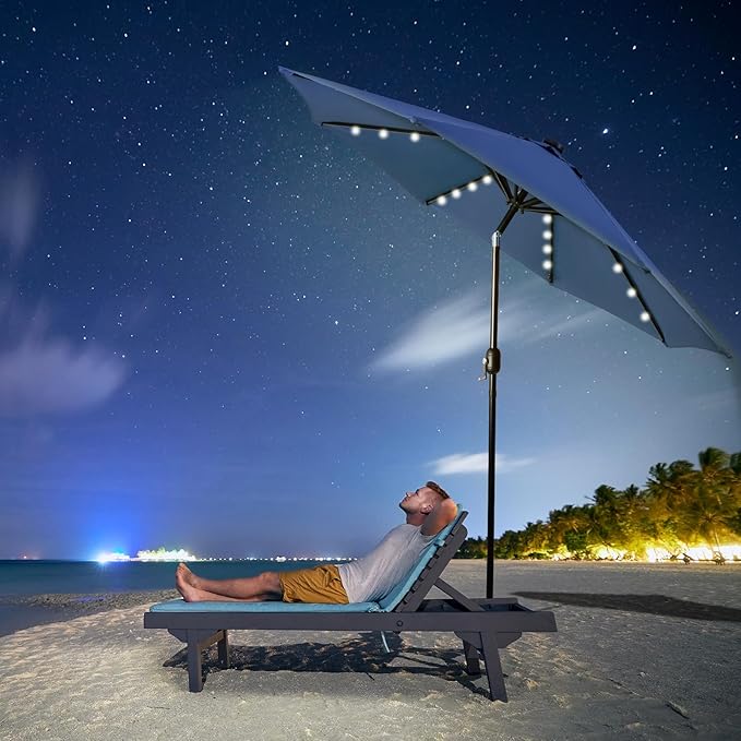Backyard Expressions 9FT Solar Patio Umbrella with 32 LED Lights, UPF50+ UV Protection, Fade-Resistant Fabric, Easy Tilt & Crank, Outdoor Umbrella for Patio, Deck & Pool (Base Not Included)